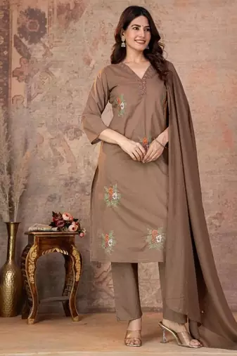 Cotton cambric straight kurti-pant-dupatta set