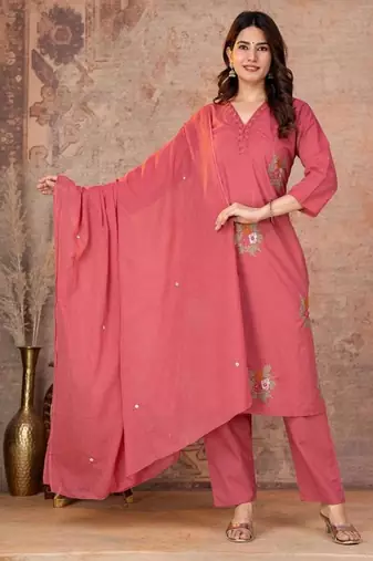 Cotton cambric straight kurti-pant-dupatta set