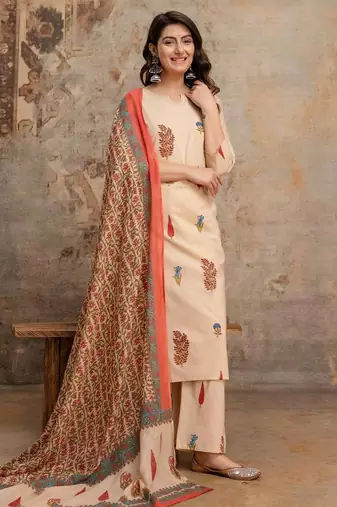 Cotton cambric printed straight kurti-pant-dupatta set