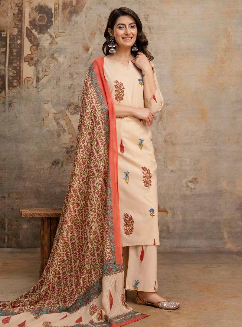 Cotton cambric printed straight kurti-pant-dupatta set
