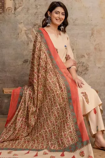 Cotton cambric printed straight kurti-pant-dupatta set