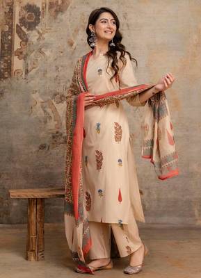 Cotton cambric printed straight kurti-pant-dupatta set 3