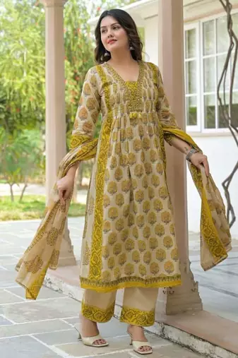 Cotton cambric printed anarkali kurti-pant-dupatta set