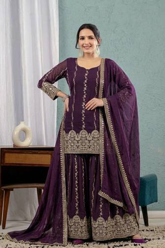 Wine art Silk Blend party wear embroidery sharara suit set