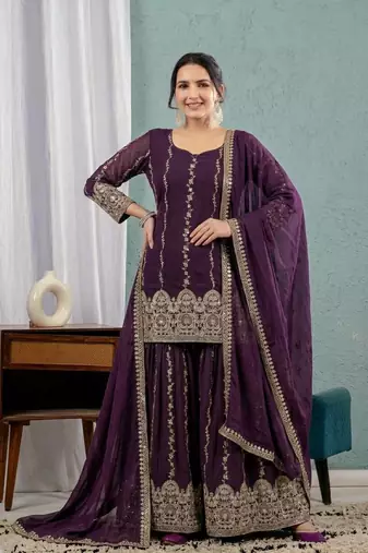 Wine art Silk Blend party wear embroidery sharara suit set