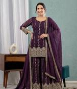 Wine art Silk Blend party wear embroidery sharara suit set