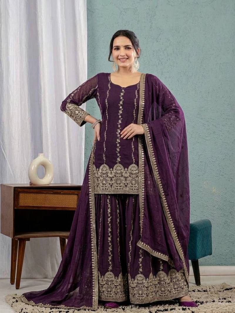 Wine art Silk Blend party wear embroidery sharara suit set