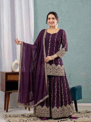 Wine art Silk Blend party wear embroidery sharara suit set 2