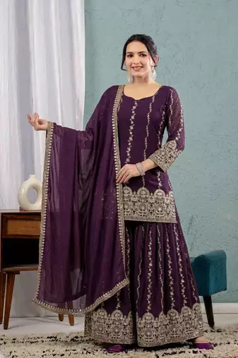 Wine art Silk Blend party wear embroidery sharara suit set