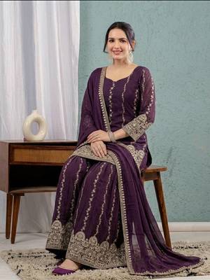Wine art Silk Blend party wear embroidery sharara suit set 4