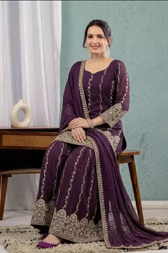 Wine art Silk Blend party wear embroidery sharara suit set