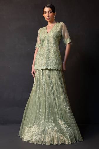Pista green embroidered tissue co ord set