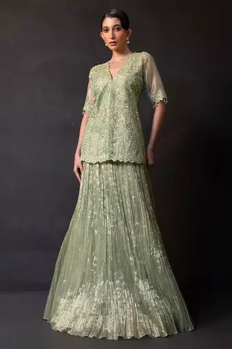 Pista green embroidered tissue co ord set