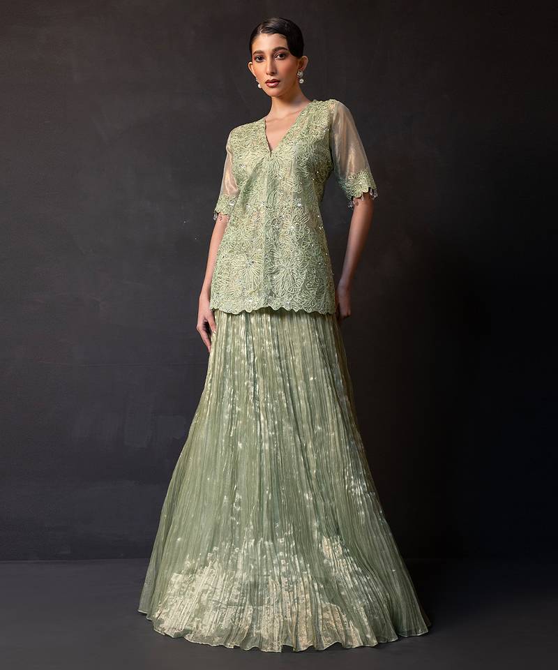 Pista green embroidered tissue co ord set