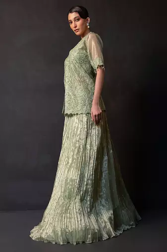 Pista green embroidered tissue co ord set
