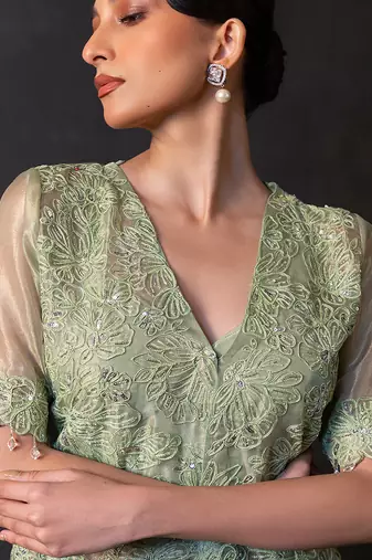 Pista green embroidered tissue co ord set