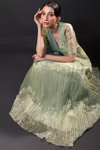 Pista green embroidered tissue co ord set