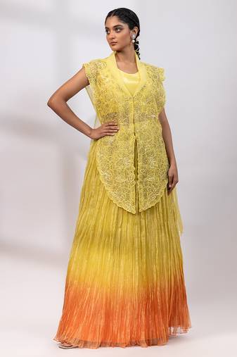 Lemon yellow embroidered tissue organza co ord set