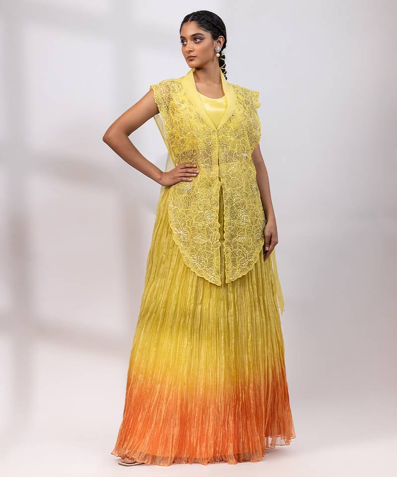 Lemon yellow embroidered tissue organza co ord set