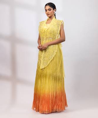 Lemon yellow embroidered tissue organza co ord set 2