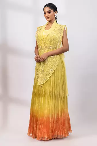 Lemon yellow embroidered tissue organza co ord set