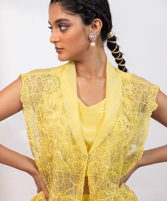 Lemon yellow embroidered tissue organza co ord set 3