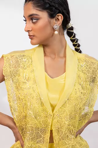 Lemon yellow embroidered tissue organza co ord set