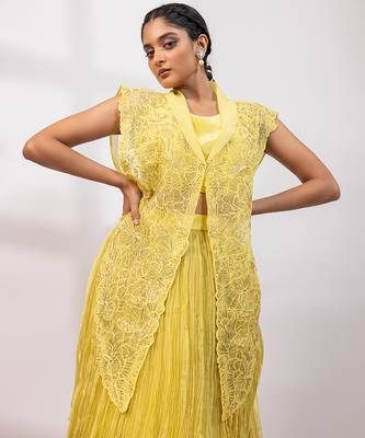 Lemon yellow embroidered tissue organza co ord set 4