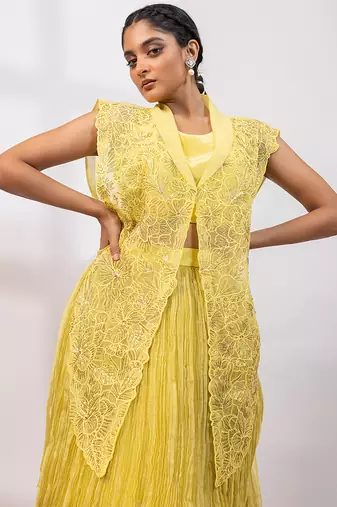 Lemon yellow embroidered tissue organza co ord set
