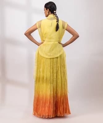 Lemon yellow embroidered tissue organza co ord set 5
