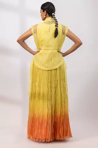Lemon yellow embroidered tissue organza co ord set