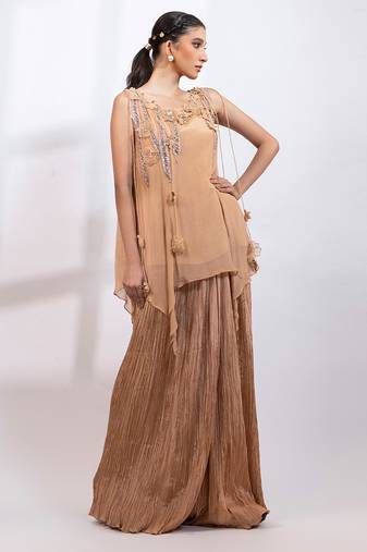 Beige embroidered chinon co ord set