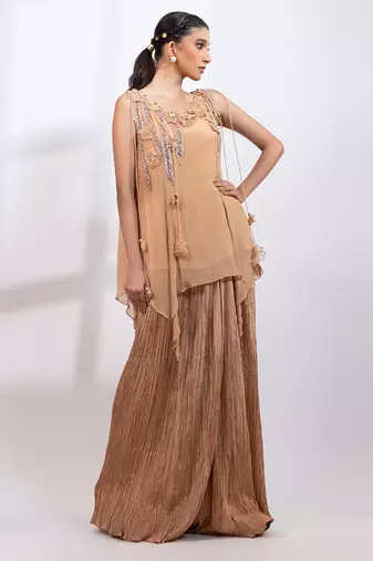 Beige embroidered chinon co ord set