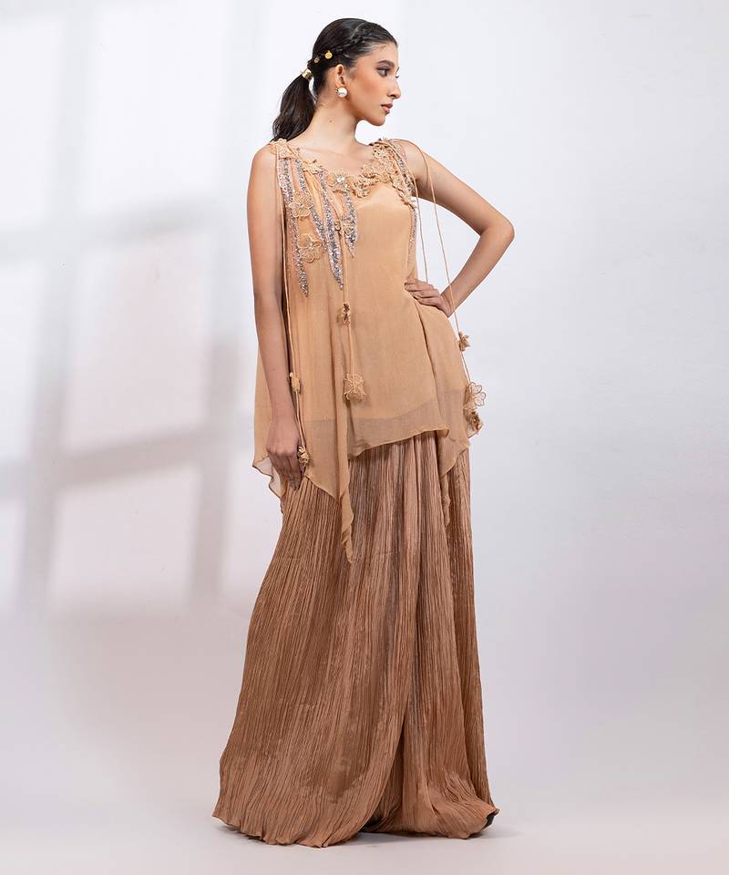 Beige embroidered chinon co ord set