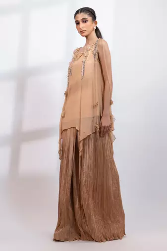Beige embroidered chinon co ord set