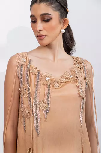 Beige embroidered chinon co ord set