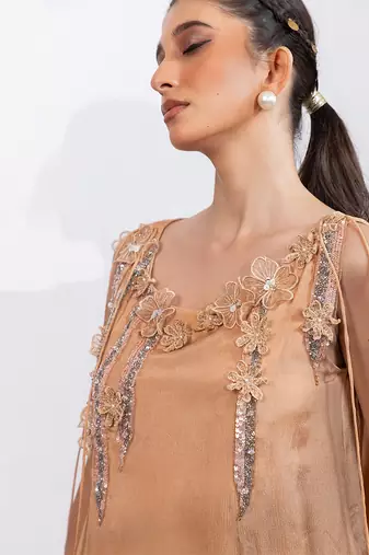 Beige embroidered chinon co ord set