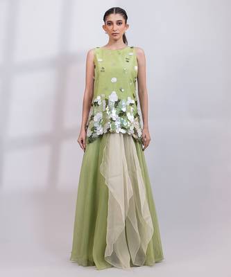 Pista green embroidered organza silk co ord set 1