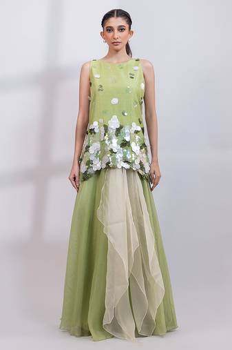 Pista green embroidered organza silk co ord set