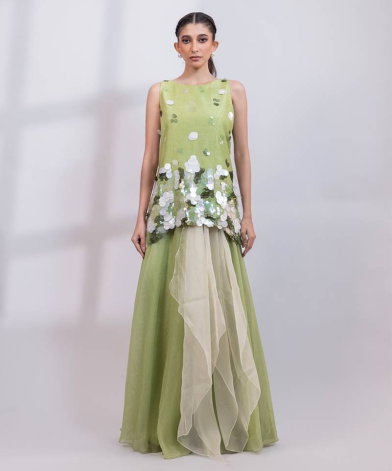 Pista green embroidered organza silk co ord set
