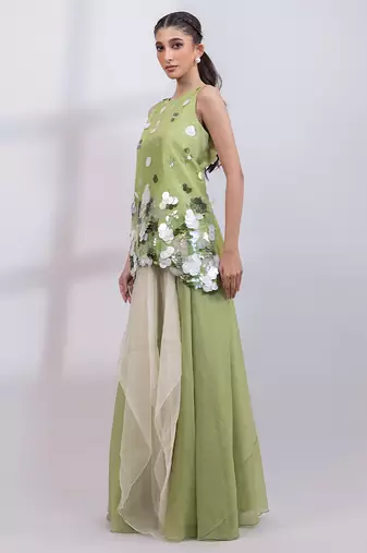Pista green embroidered organza silk co ord set