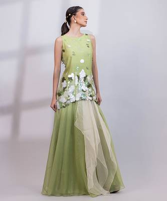 Pista green embroidered organza silk co ord set 3