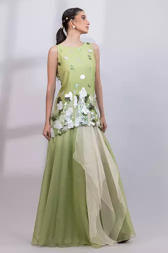Pista green embroidered organza silk co ord set
