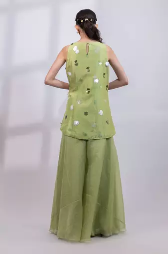 Pista green embroidered organza silk co ord set