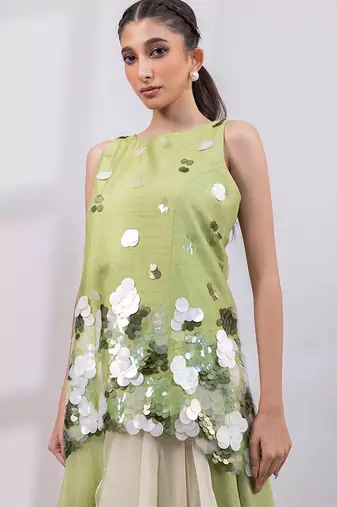 Pista green embroidered organza silk co ord set