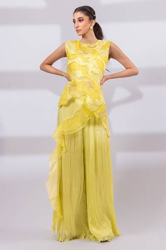 Lime yellow embroidered organza chinon co ord set
