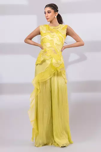 Lime yellow embroidered organza chinon co ord set