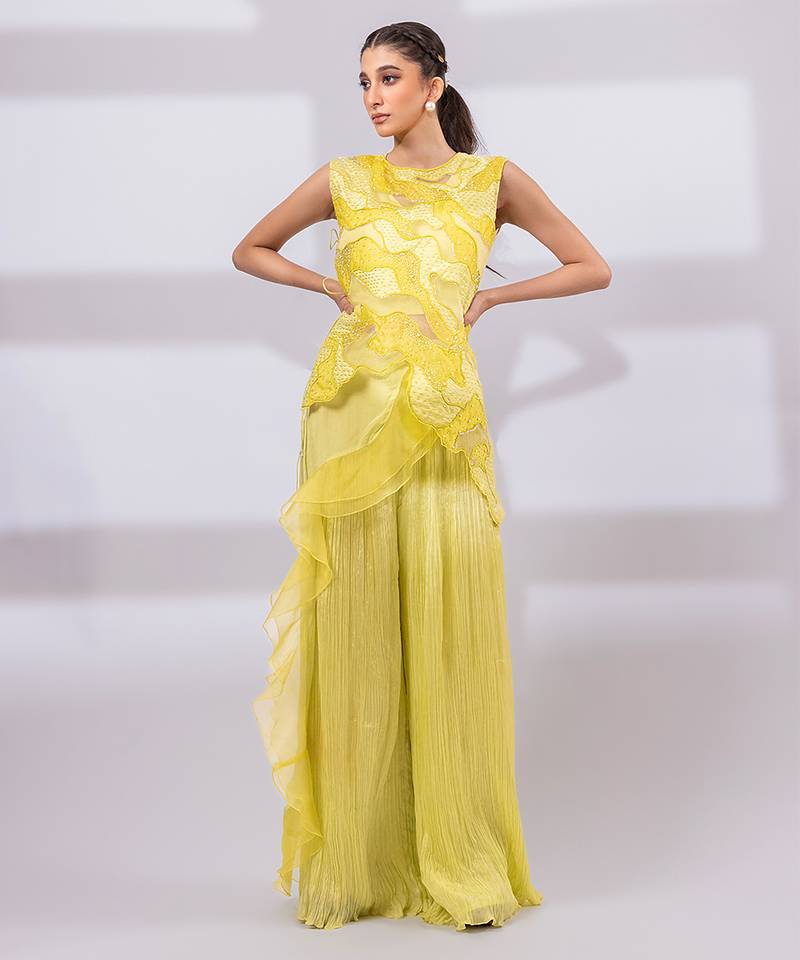 Lime yellow embroidered organza chinon co ord set