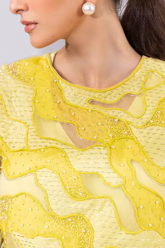 Lime yellow embroidered organza chinon co ord set