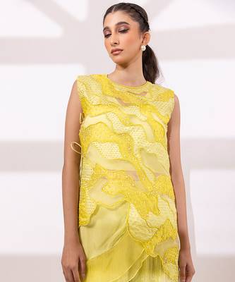 Lime yellow embroidered organza chinon co ord set 3